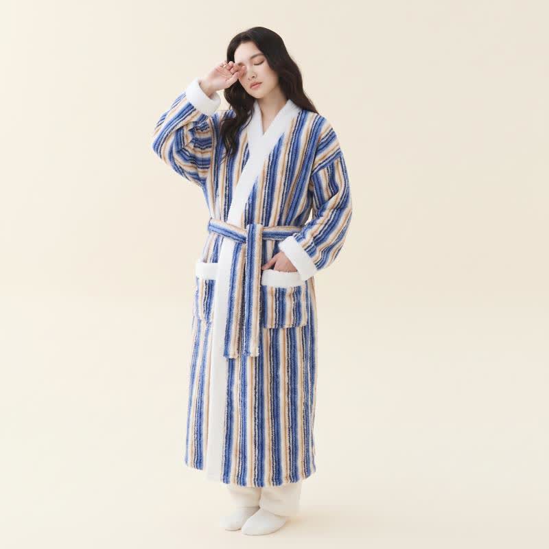 Longline Striped Fleece Kimono Bathrobe - Navy Blue - Women XL - image 7