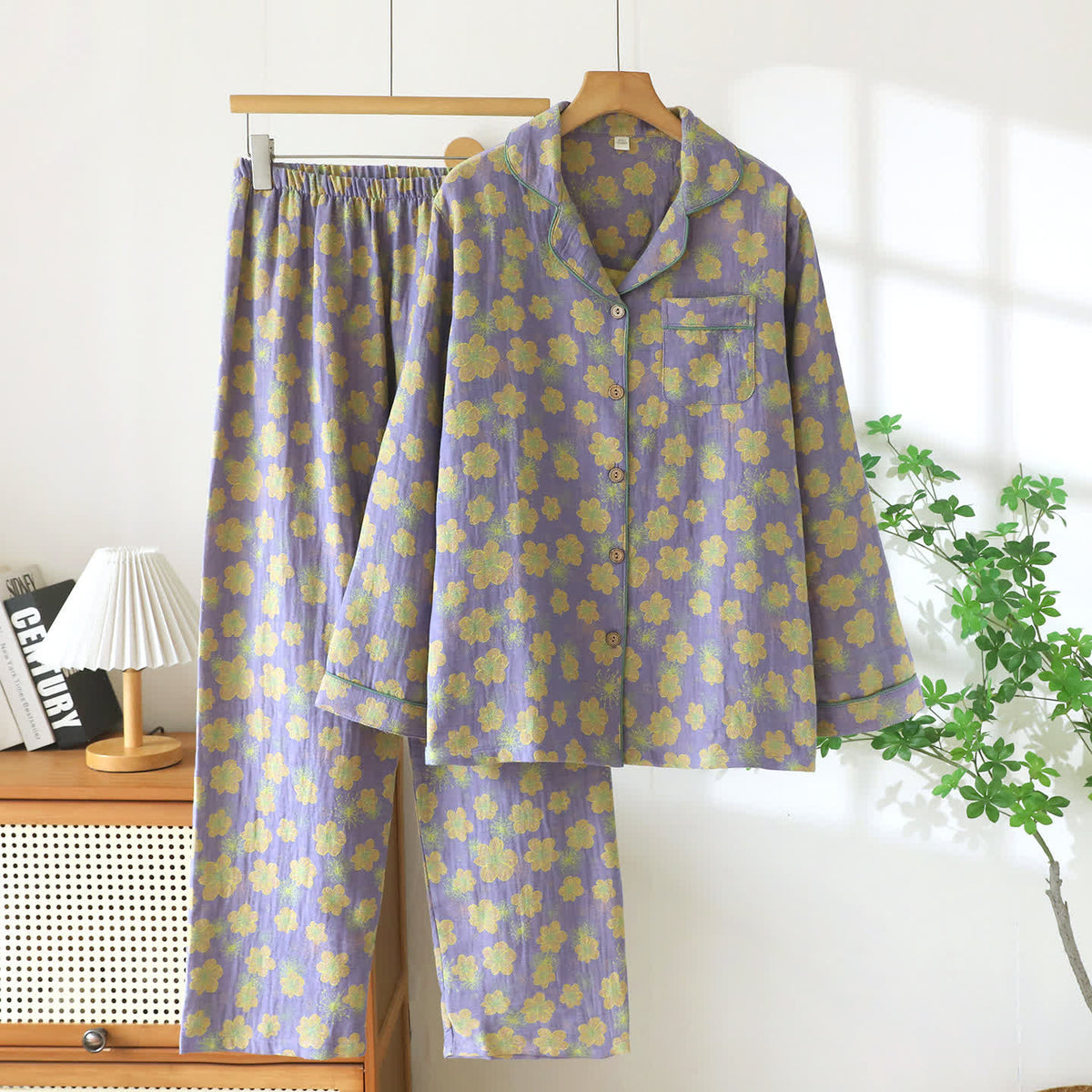Floral Piped Cotton Gauze Sleepwear Set - Purple - XXL - image 0