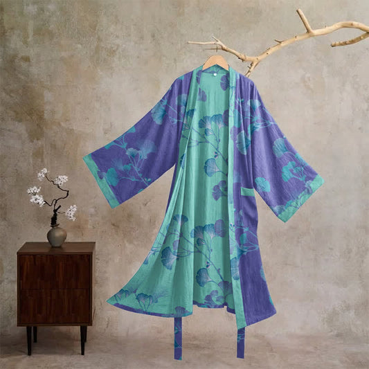 Boho Ginkgo Leaf Cotton Kimono Robe - Purple - XL - image 0