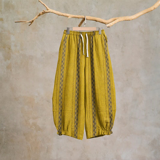 Yellow Striped Leaf Cotton Harem Pants - Yellow - XL - image 0