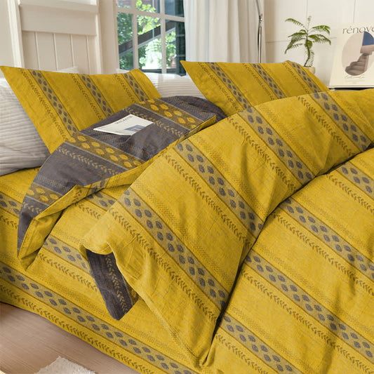 Reversible Striped Leaf Cotton Duvet Cover Bedding Set - Yellow - Bedding Set(4PCS) - King - image 0