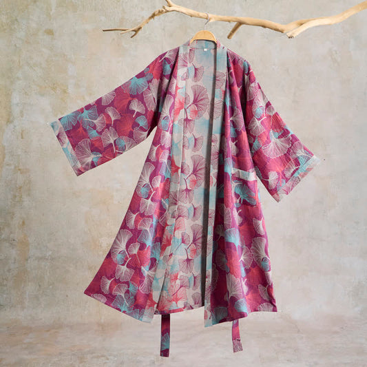 Artistic Ginkgo Leaf Kimono Loungewear Robe - Fuchsia - XL - image 0