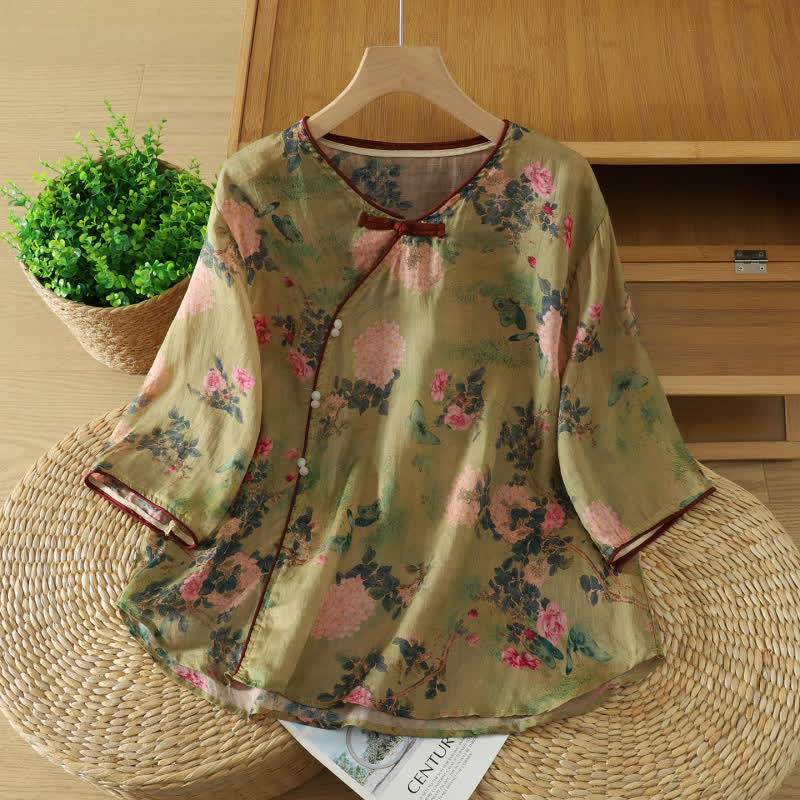Vinatge Botanical Frog Button Lounge Top - Olive Green - 2XL - image 1