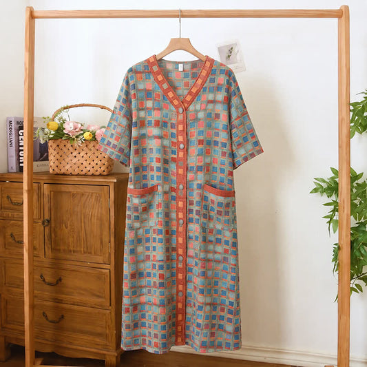 Plus Size Plaid Cotton Cardigan Nightgown - Green - 5XL - image 0
