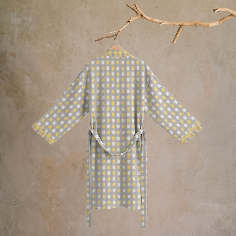 Soft Yellow Grey Cotton Plaid Kimono Robe - image 1