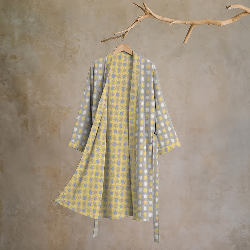 Soft Yellow Grey Cotton Plaid Kimono Robe - L - image 0