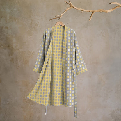 Soft Yellow Grey Cotton Plaid Kimono Robe - L - image 0