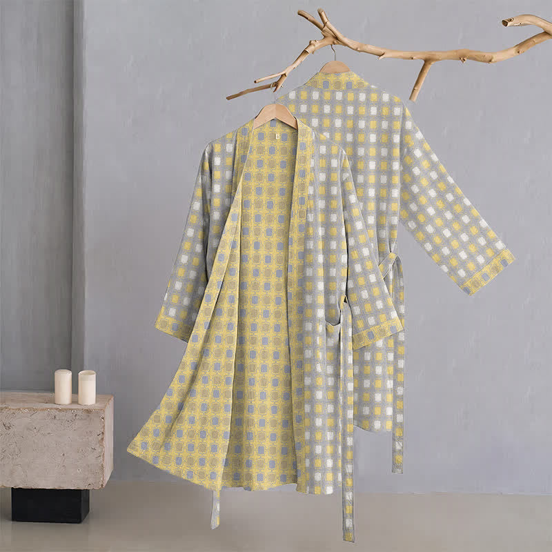 Soft Yellow Grey Cotton Plaid Kimono Robe - image 2