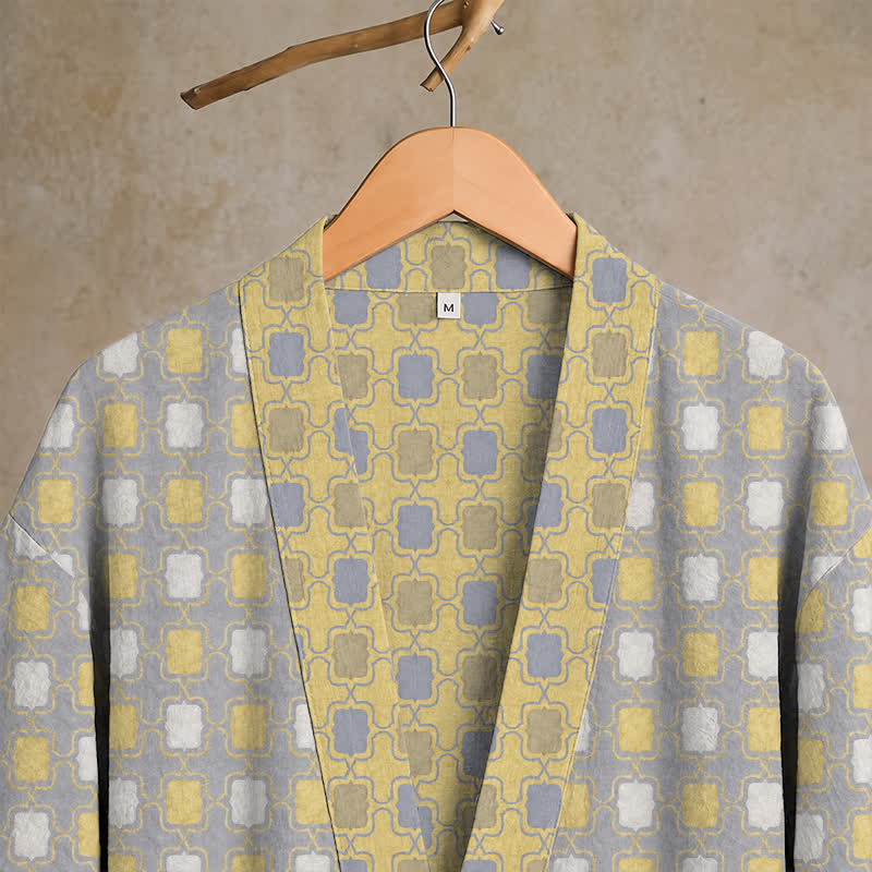 Soft Yellow Grey Cotton Plaid Kimono Robe - image 5