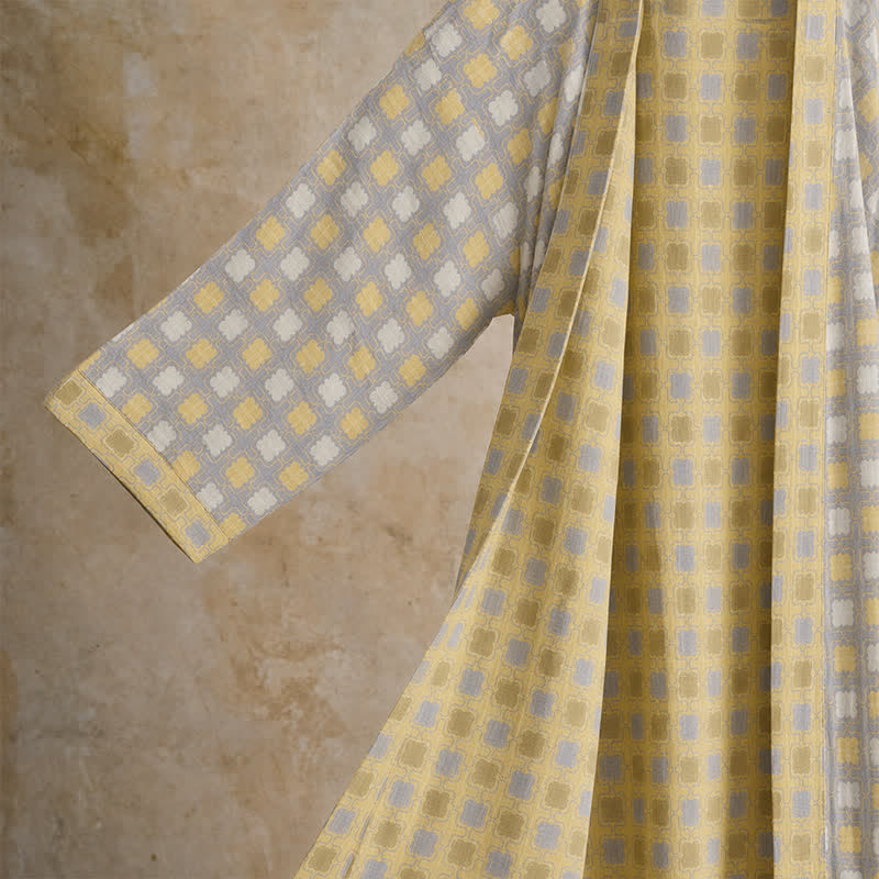 Soft Yellow Grey Cotton Plaid Kimono Robe - image 3