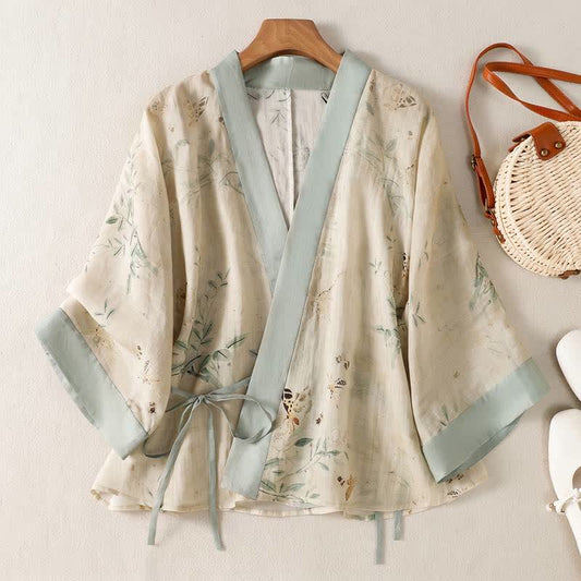 Floral Tie-Waist Kimono Loungewear Top - Beige - 2XL - image 0