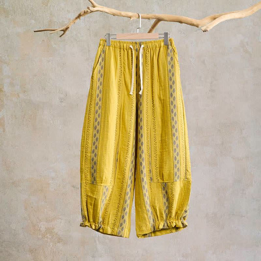 Yellow Striped Leaf Cotton Harem Pants - Yellow - XL - image 0