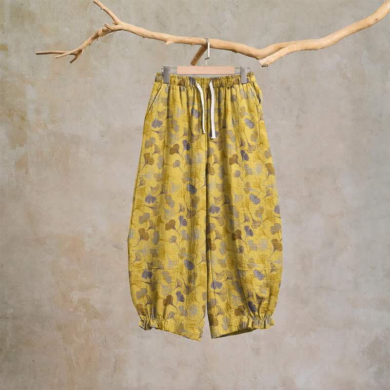 Retro Ginkgo Leaf Cotton Lounge Pants - Yellow - XL - image 0