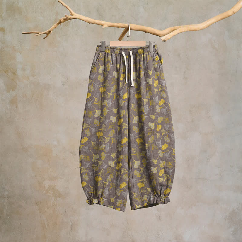 Retro Ginkgo Leaf Cotton Lounge Pants - Light Brown - XL - image 18