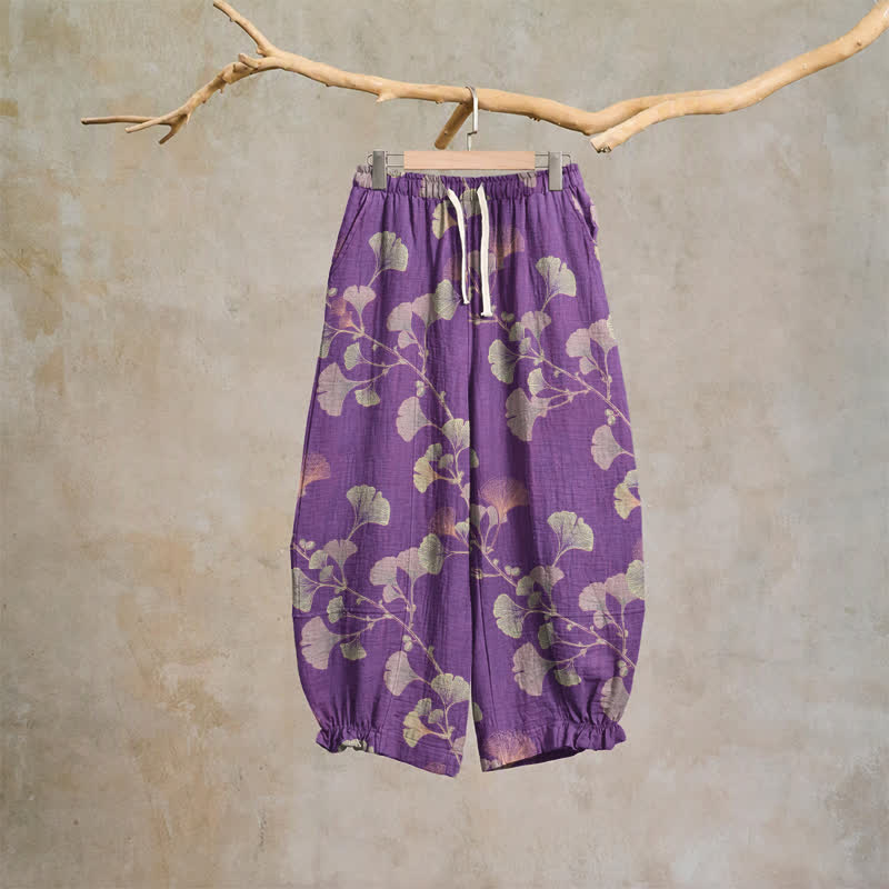 Ginkgo Branch Cotton Harem Pants with Pockets - Purple - XL - image 0
