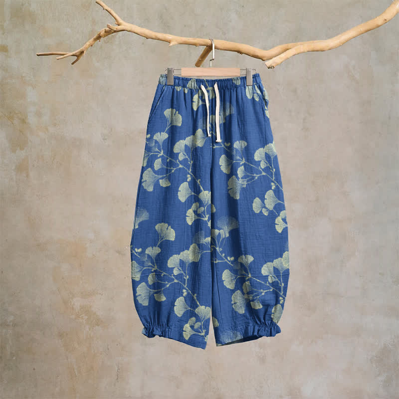 Ginkgo Branch Cotton Harem Pants with Pockets - Blue - XL - image 6