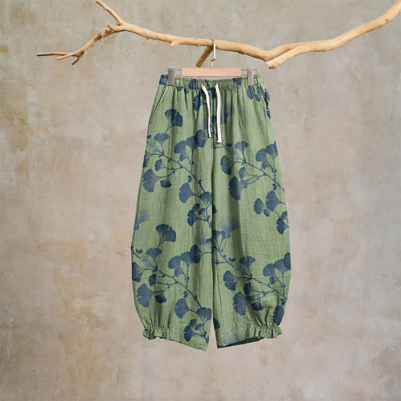 Ginkgo Branch Cotton Harem Pants with Pockets - Green & Blue - XL - image 18