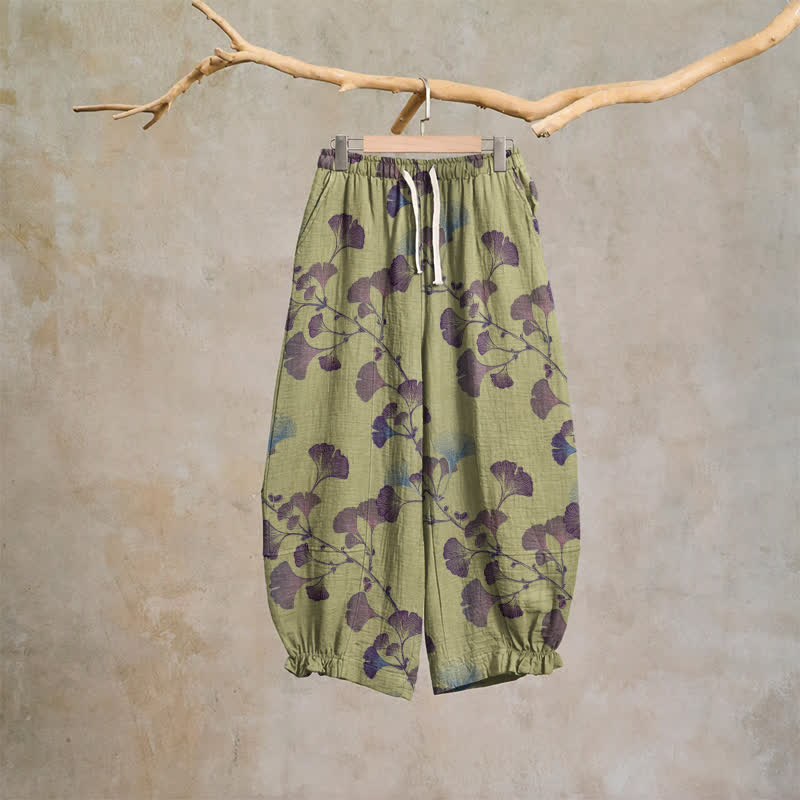 Ginkgo Branch Cotton Harem Pants with Pockets - Green & Purple - XL - image 12