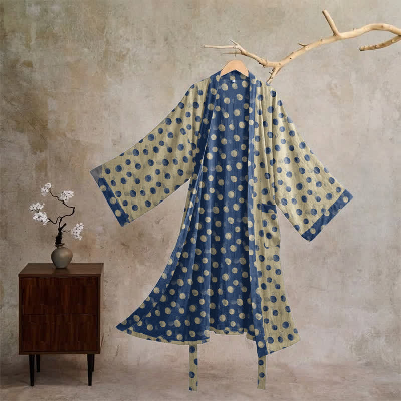 Vintage Polka Dot Cotton Kimono Robe - Beige - XL - image 15