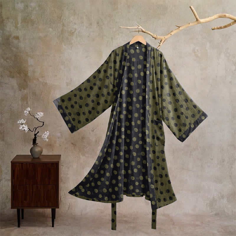 Vintage Polka Dot Cotton Kimono Robe - Gray & Green - XL - image 25