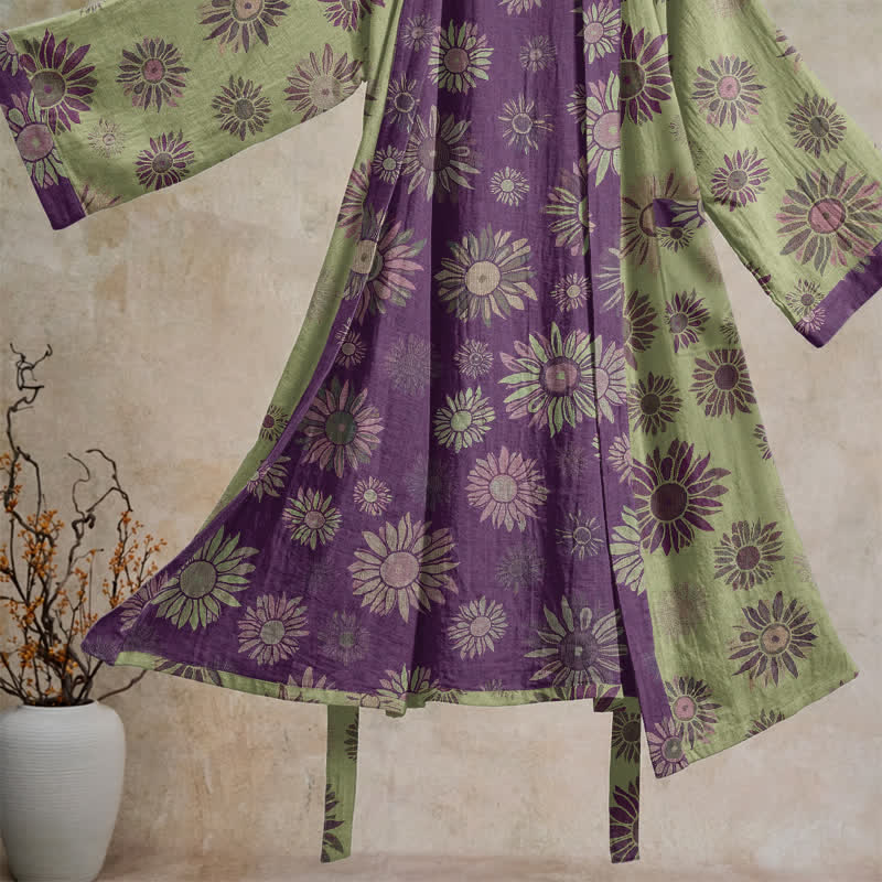 Vintage Sunflower Cotton Gauze Kimono Robe - image 8
