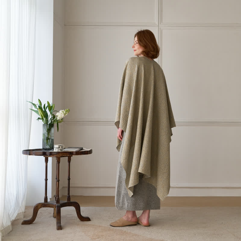 Solid Color Grid Weave Poncho Shawl Wrap - image 5