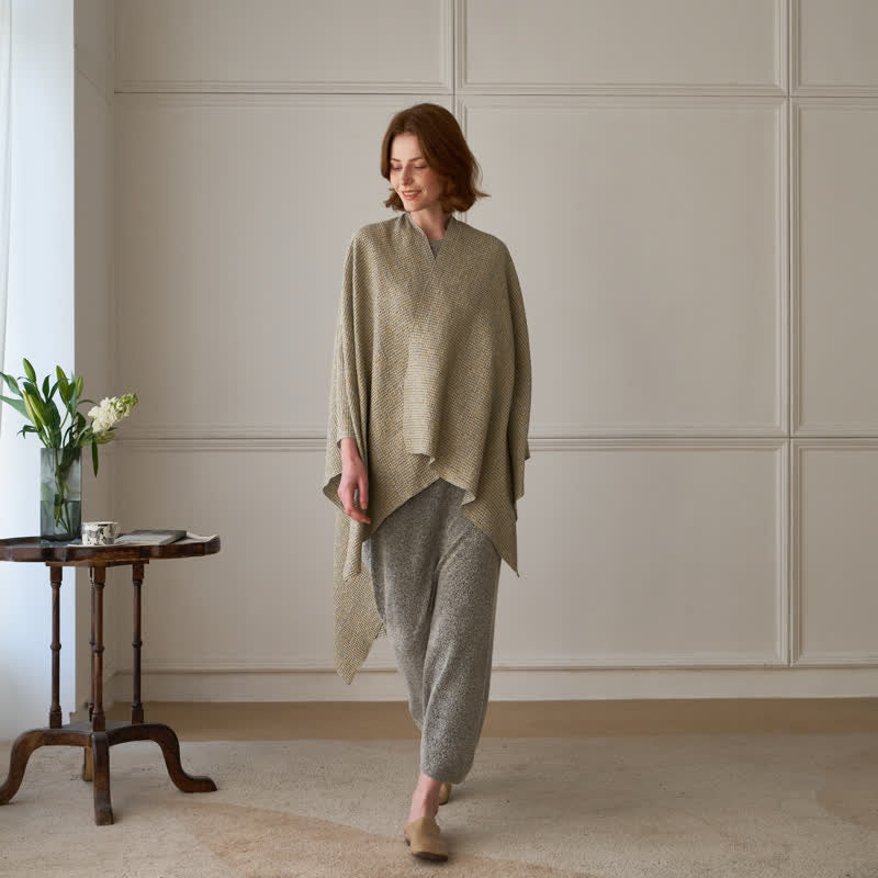 Solid Color Grid Weave Poncho Shawl Wrap - image 2