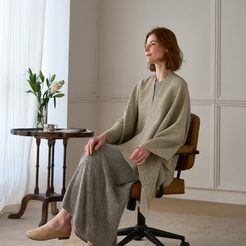 Solid Color Grid Weave Poncho Shawl Wrap - image 1