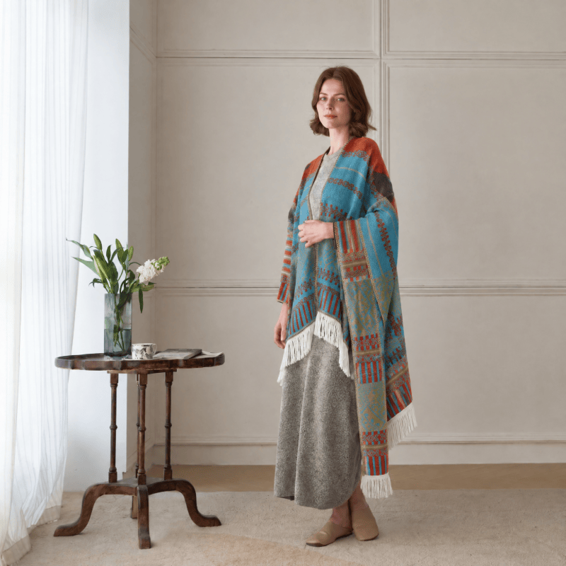 Colorful Geometric Woven Poncho Shawl Wrap - image 1