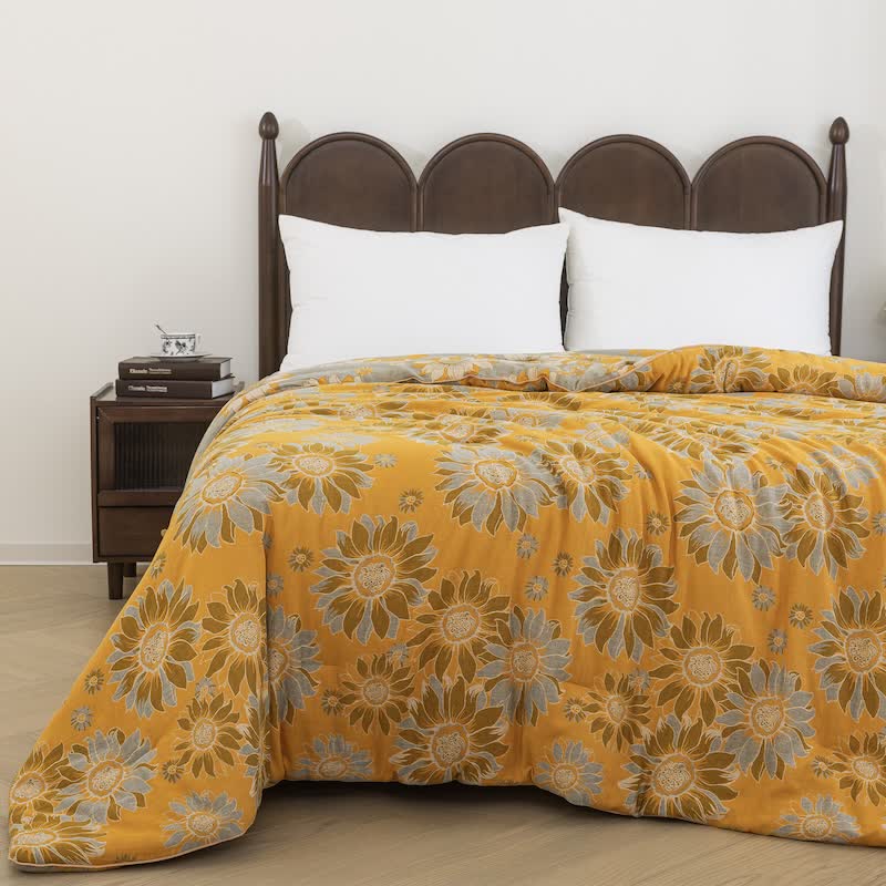 Vintage Orange Sunflower Cotton Gauze Quilt - Orange - Summer Quilt - King - image 0