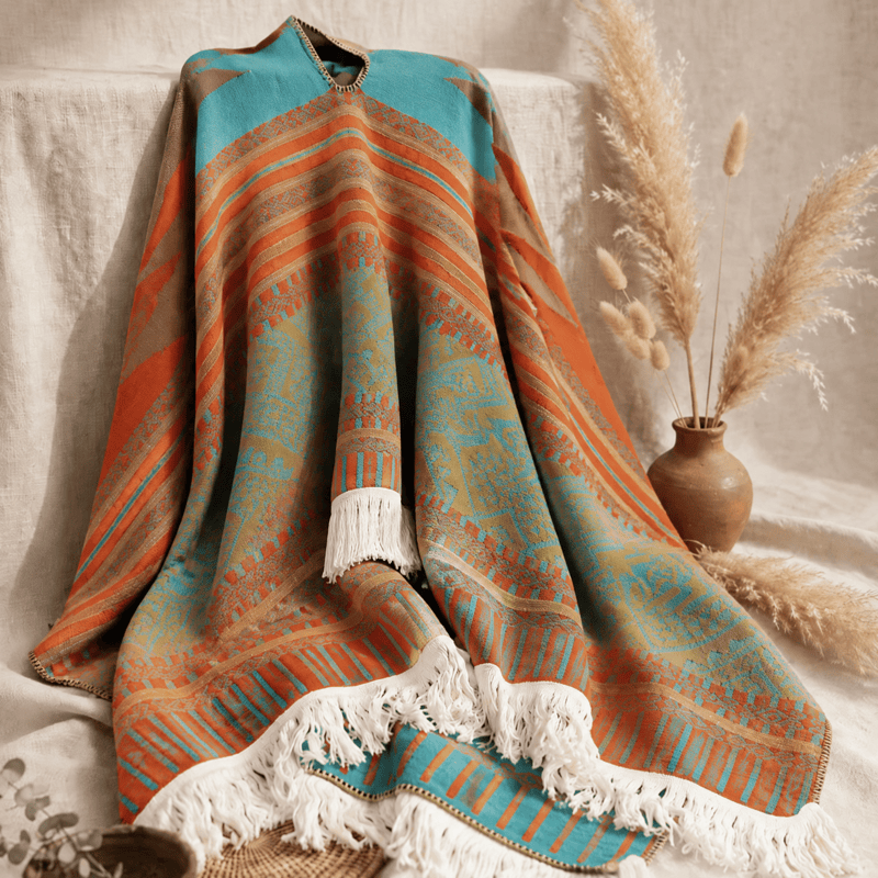 Colorful Geometric Woven Poncho Shawl Wrap - image 7