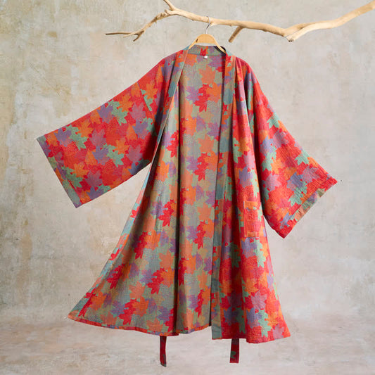 Autumn Maple Leaf Cotton Kimono Robe - Red & Green - XXL - image 0