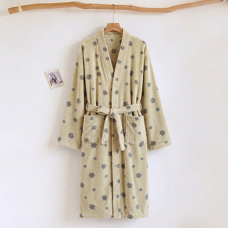 Floral Coral Fleece V-neck Wrap Bath Robe - Beige - One Size - image 5