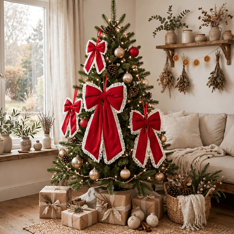 Red Lace Rhinestone Christmas Bow Ornament - image 4