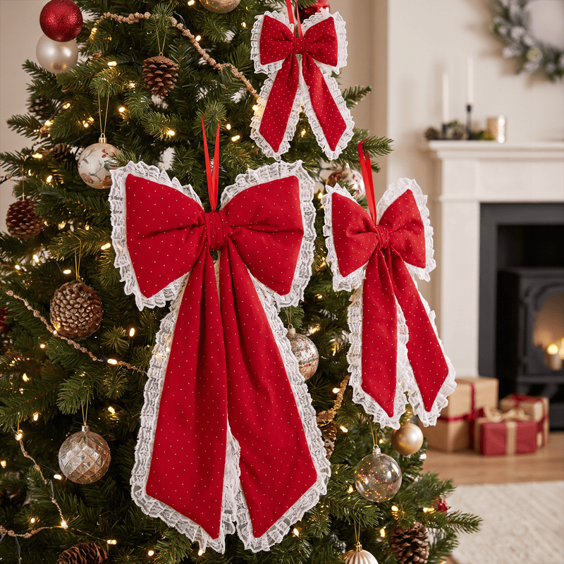 Red Lace Rhinestone Christmas Bow Ornament - Red - 31" x 16" - image 0