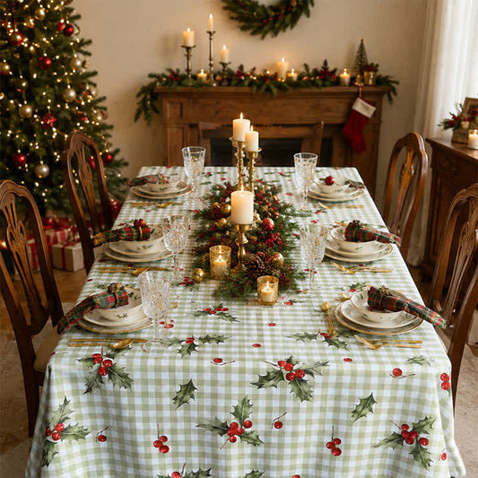 Green Gingham Holly Berry Christmas Tablecloth - 55" x 94" - image 0