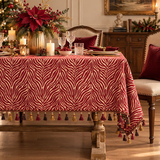 Red Zebra Stripe Tassel Christmas Tablecloth - 55" x 94" - image 0