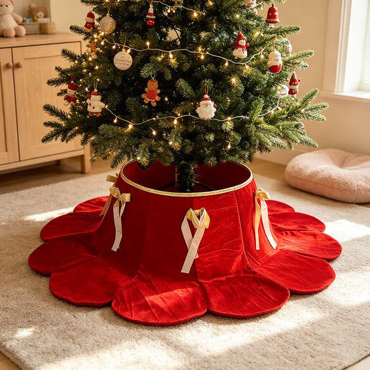 Velvet Christmas Tree Collar with Petal Skirt - Red - 4PCS - 37" Base x 16" Top x 8"H - image 0