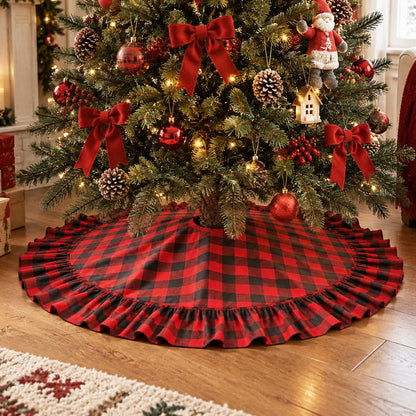 Plaid Christmas Tree Skirt with Ruffled Border - 4PCS - 47" - image 0