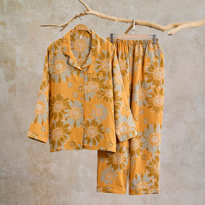 Retro Sunflower Cotton Loungewear Pajama Set - Orange - XL - image 0