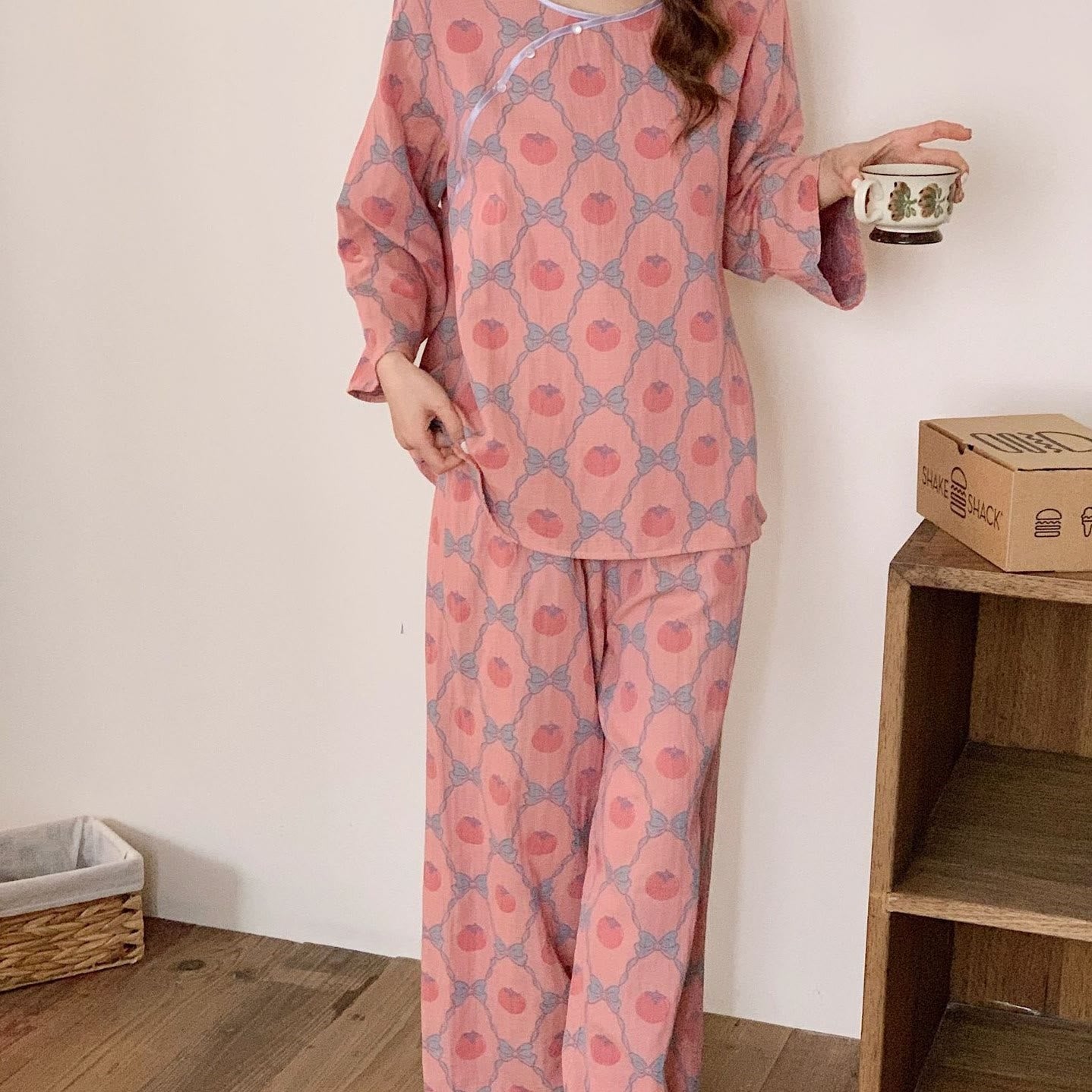 Yarn-dyed Jacquard Persimmon Cotton Pajama Set