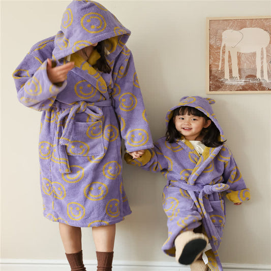 Smiling Face Cotton Hooded Bathrobe - Purple - Children M - image 0