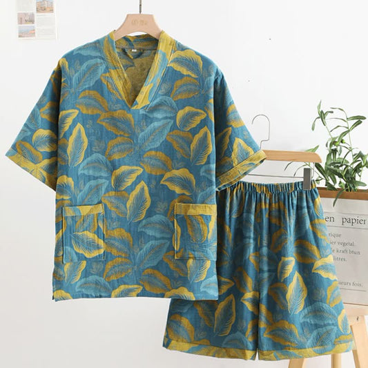 V-neck Retro Leaf Short Sleeves Pajama Set