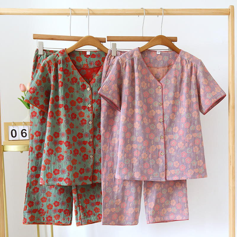 Plum Flower V-neck Cotton Loungewear Set