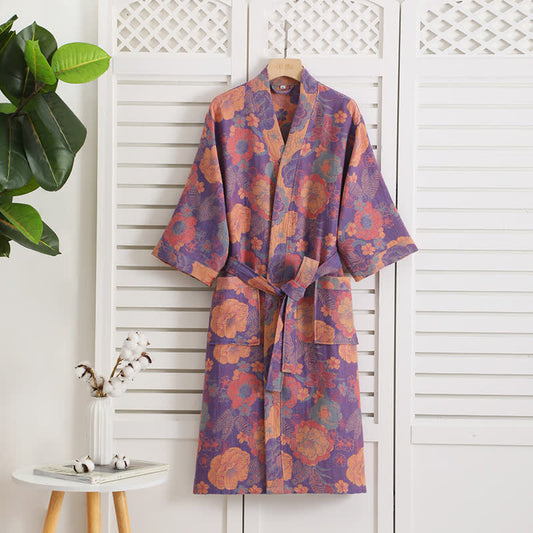 V-neck Cotton Gauze Vintage Floral Bathrobe