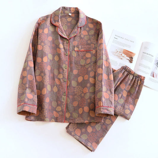 Leaf Flower Button Cotton Loungewear Set