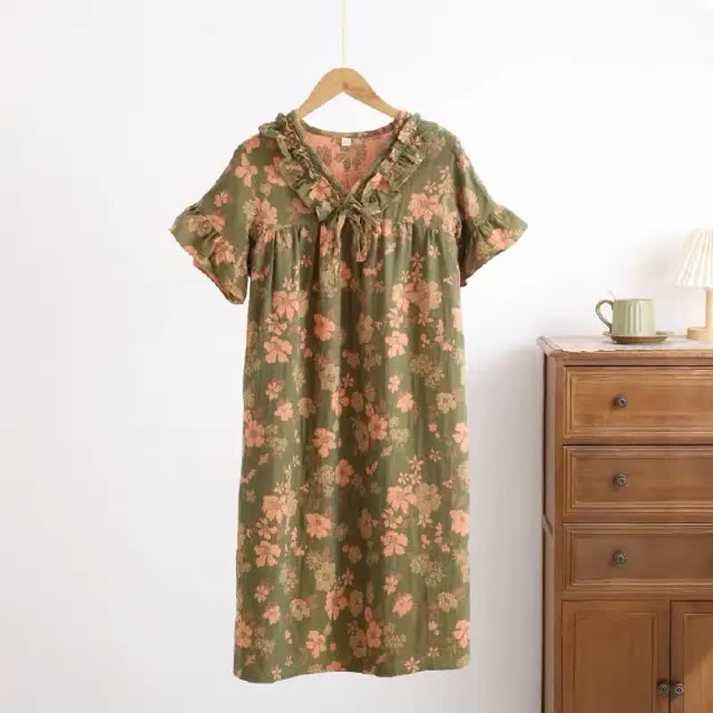 Retro Floral Pure Cotton Summer Nightgown