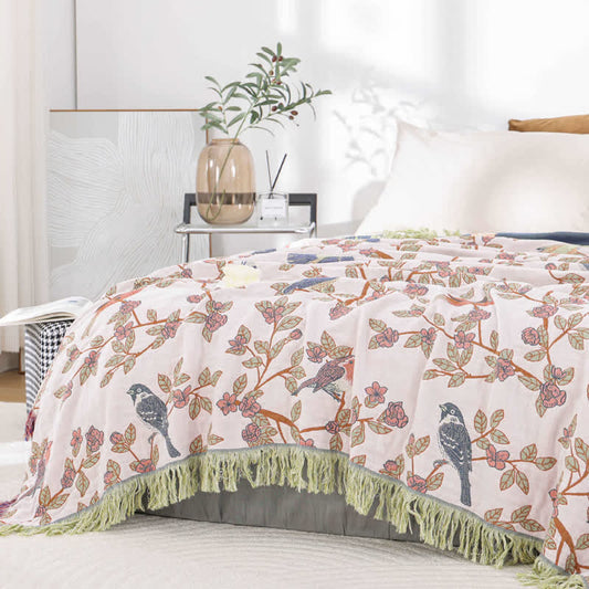 Cotton Gauze Floral & Bird Tassel Quilt