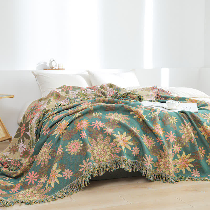 Cotton Gauze Floral Style Tassel Blanket