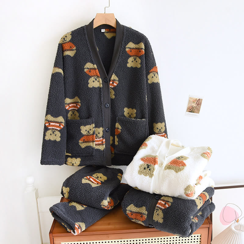 V-neck Cute Bear Soft Flannel Pajama Set